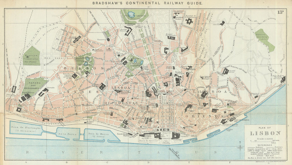 LISBON antique town plan city map. Portugal. BRADSHAW 1902 old