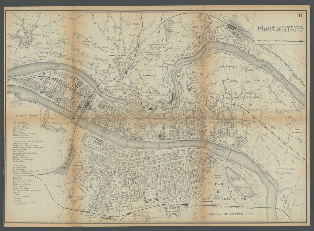 LYONS LYON antique town plan city map. France. BRADSHAW 1902 old