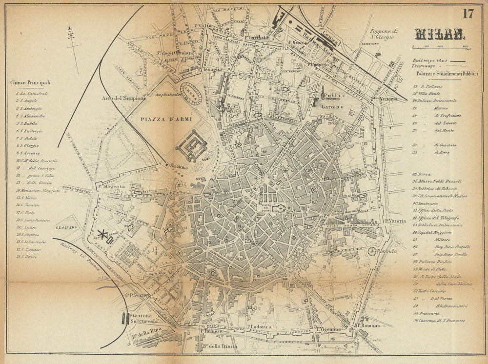 MILAN MILANO antique town plan city map. Italy. BRADSHAW 1902 old