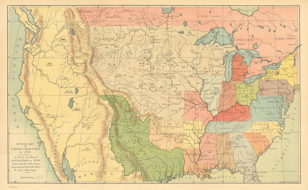 Native American Indian Localities in 1833—Buffalo ranges—Catlin 1841 (1892) map
