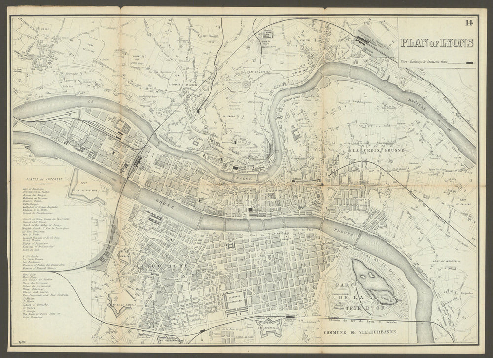 LYONS LYON. Antique town plan. City map. France. BRADSHAW 1895 old