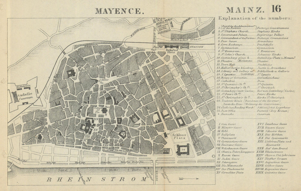 MAYENCE MAINZ. Antique town plan. City map. Germany. BRADSHAW 1895 old