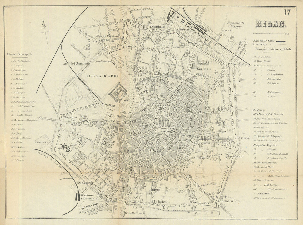 MILAN MILANO. Antique town plan. City map. Italy. BRADSHAW 1895 old