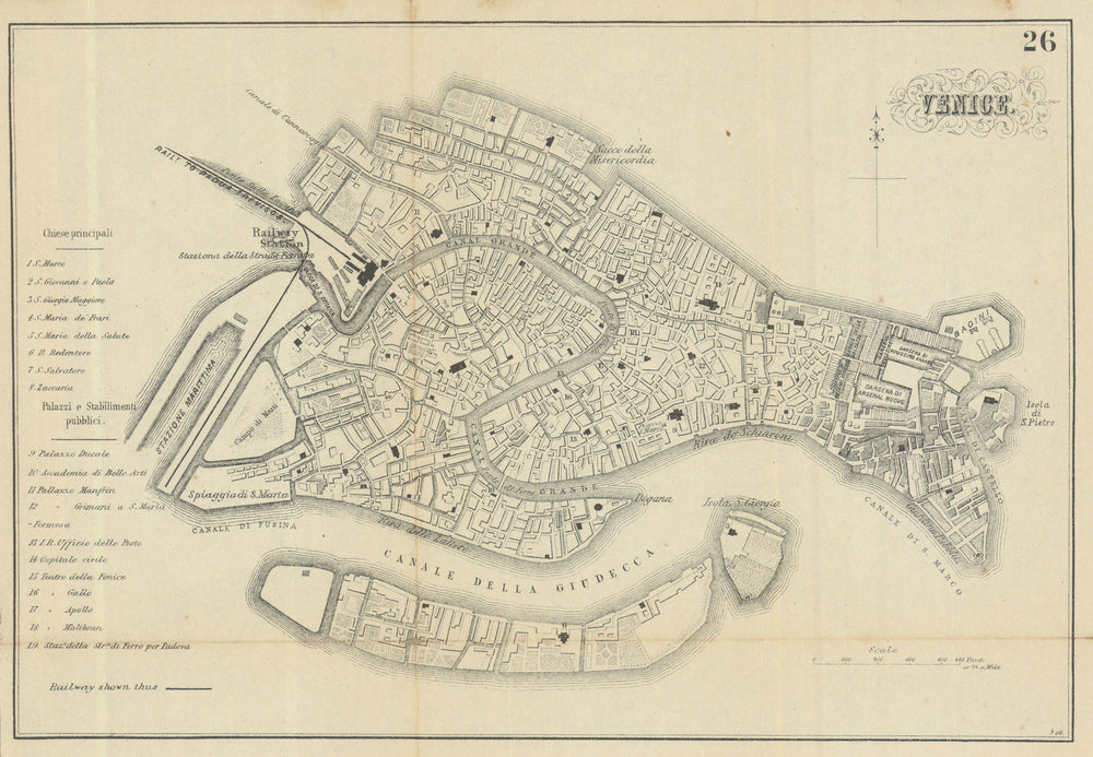 VENICE VENEZIA. Antique town plan. City map. Italy. BRADSHAW 1895 old