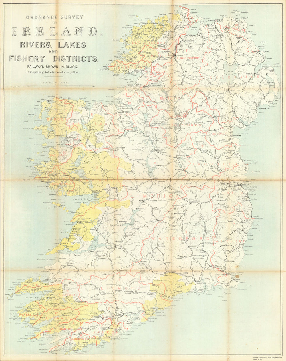 Ireland Rivers, Lakes & Fishery Districts—Irish Gaelic speaking regions 1929 map
