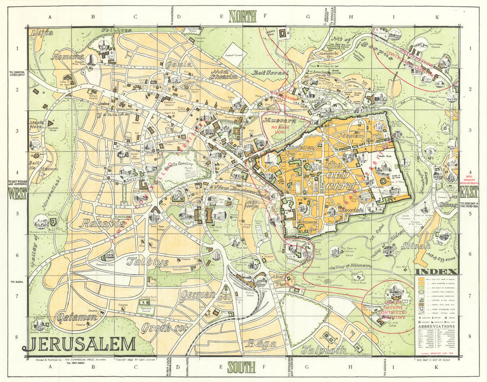 Jerusalem pictorial city plan—1948 Armistice Line—pre 1967 division c1965 map