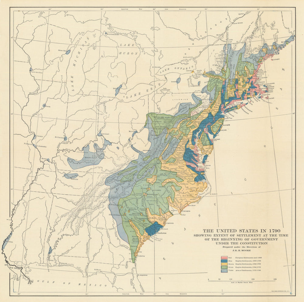 United States in 1790—Early European/British Settlements Map—J.R.H. Moore 1912
