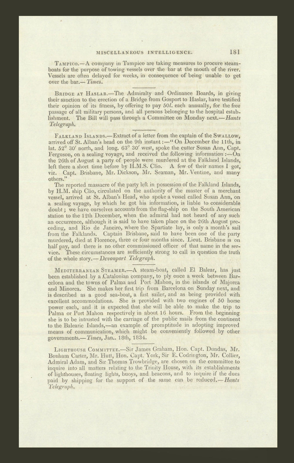 Falkland Islands—First report of Port Louis massacre—Nautical Magazine 1834