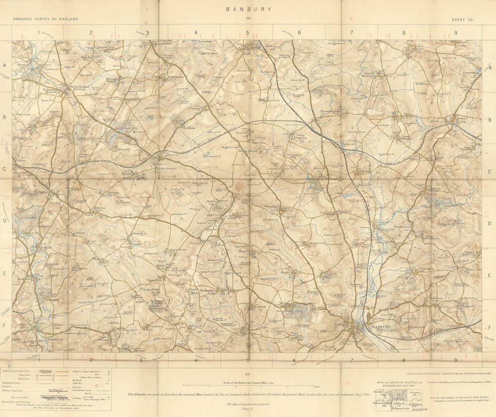 Banbury—Ordnance Survey—Sheet 201—Warwickshire/Northants 1899 old antique map