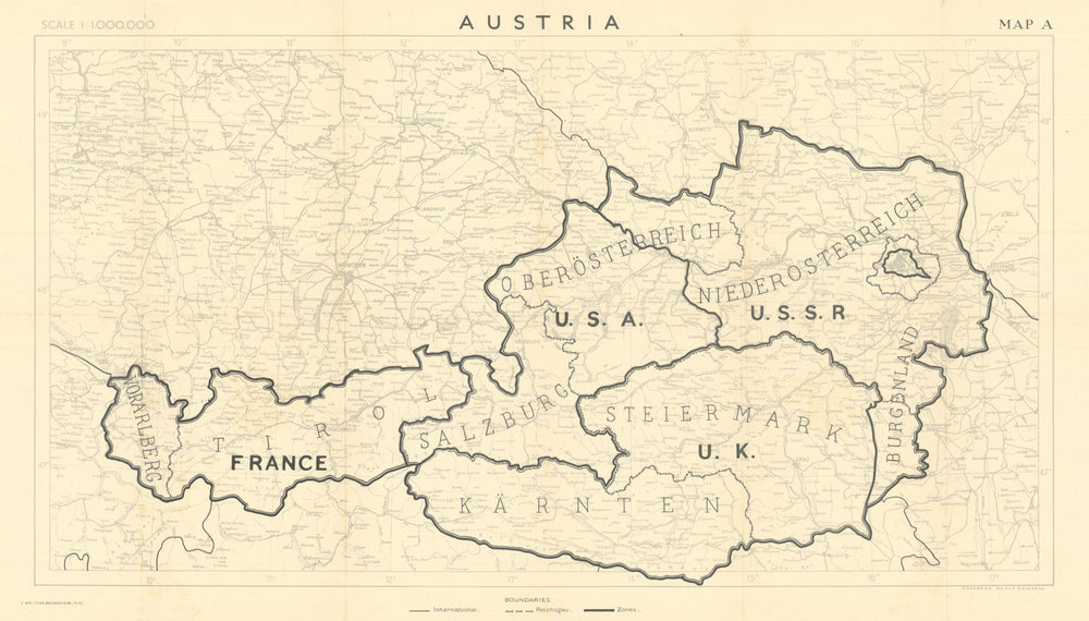 Austria—Allied occupation control zones post World War 2 treaty map—HMSO 1946