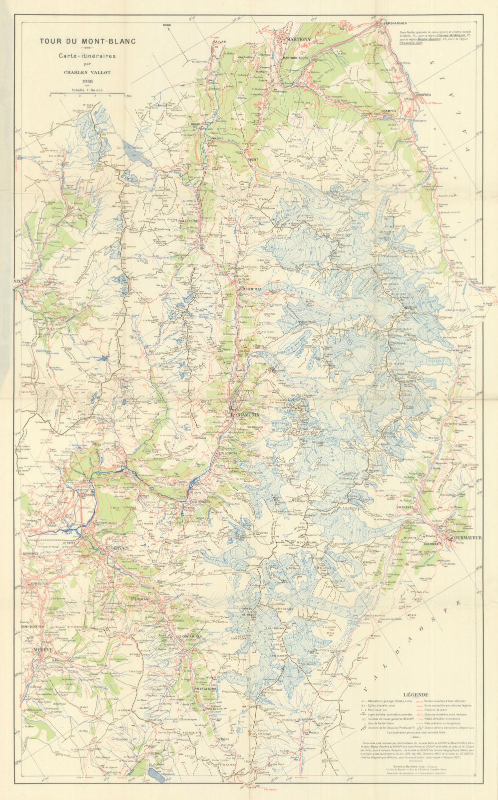 Massif / Tour du Mont-Blanc: Carte-itinéraires—hiking map—Charles Vallot 1938