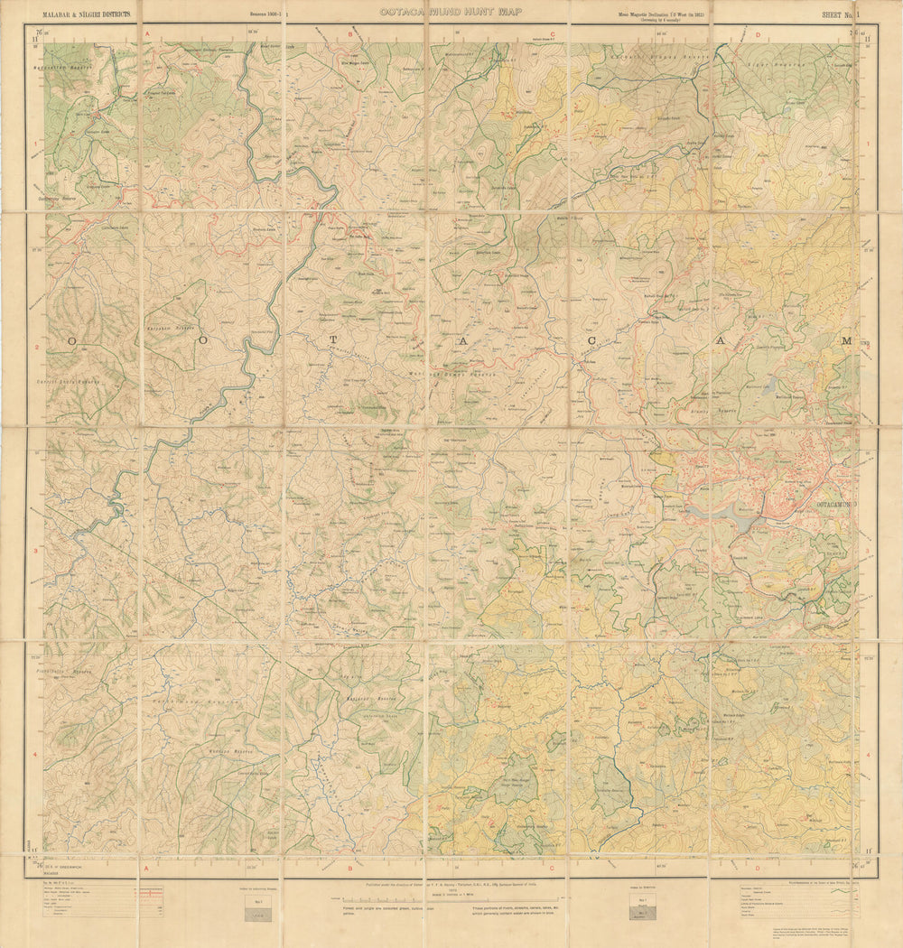 Ootacamund Hunt Map—Ooty—Nilgiri Hills—estates—reserves—Survey of India 1913