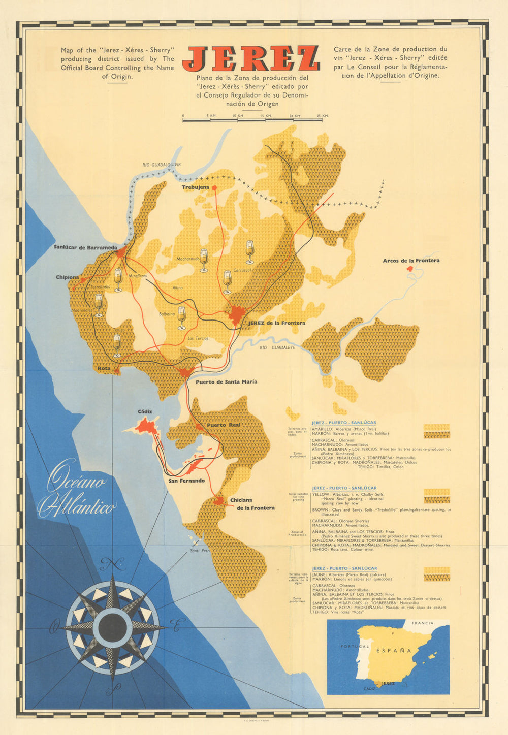 Jerez–Xérès–Sherry—wine region map—soils—vineyards—Consejo Regulador 1958