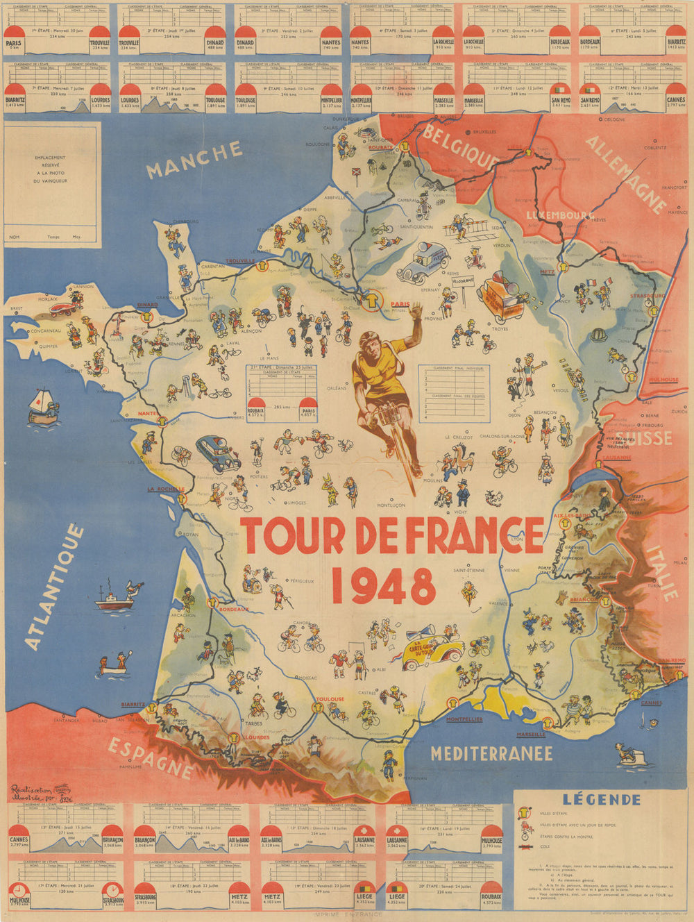 La Carte-Guide programme du Tour de France—cycling route poster map 1948