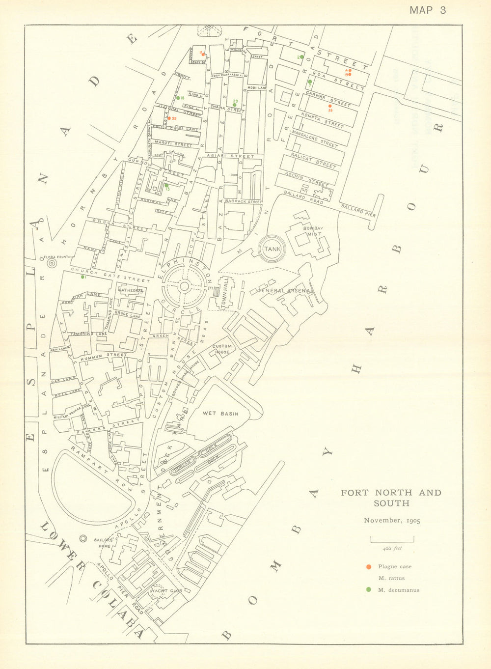 3rd Plague Pandemic—Mumbai—Fort North & South—Bombay—November 1905—dot map 1911