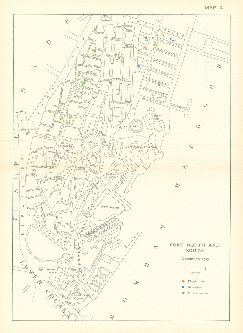 3rd Plague Pandemic—Mumbai—Fort North & South—Bombay—December 1905—dot map 1911