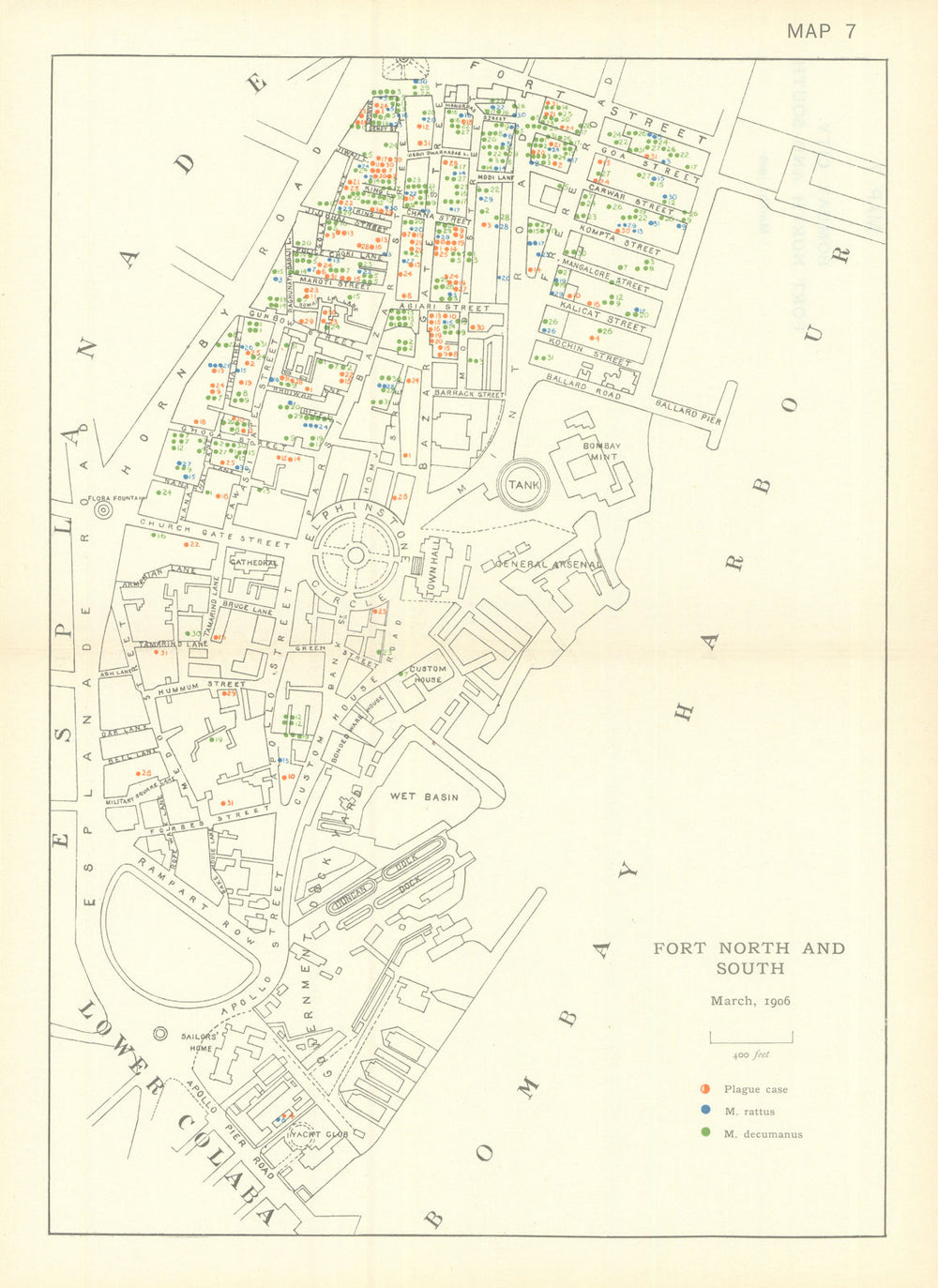 3rd Plague Pandemic—Mumbai—Fort North & South—Bombay—March 1906—dot map 1911