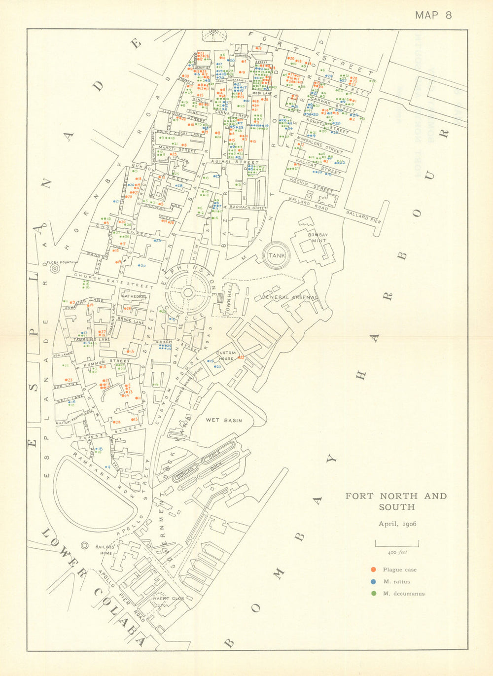 3rd Plague Pandemic—Mumbai—Fort North & South—Bombay—April 1906—dot map 1911