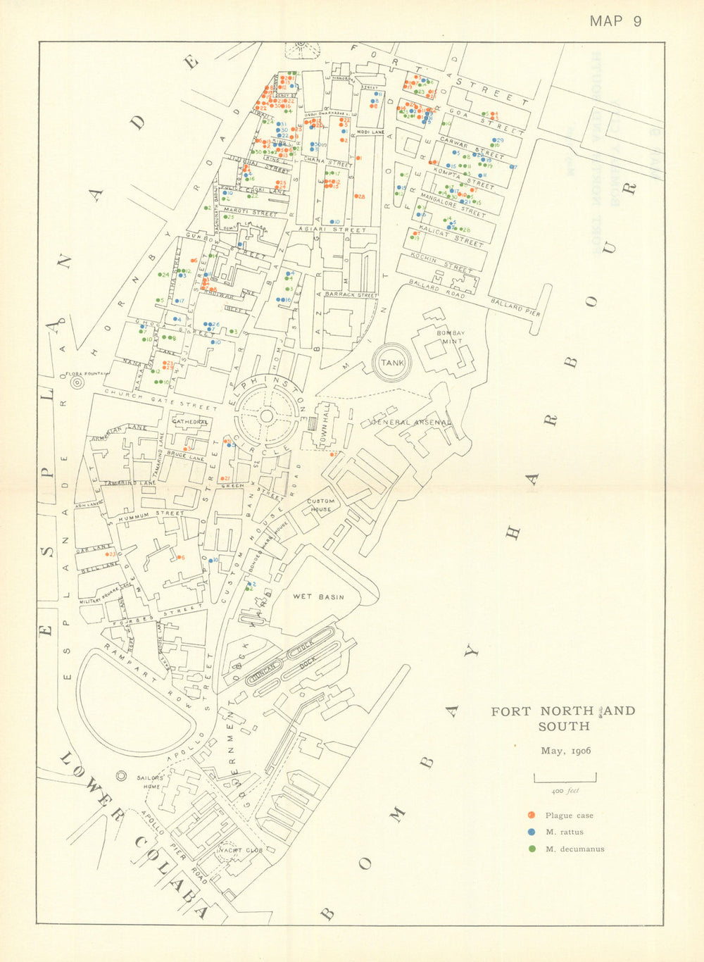 3rd Plague Pandemic—Mumbai—Fort North & South—Bombay—May 1906—dot map 1911