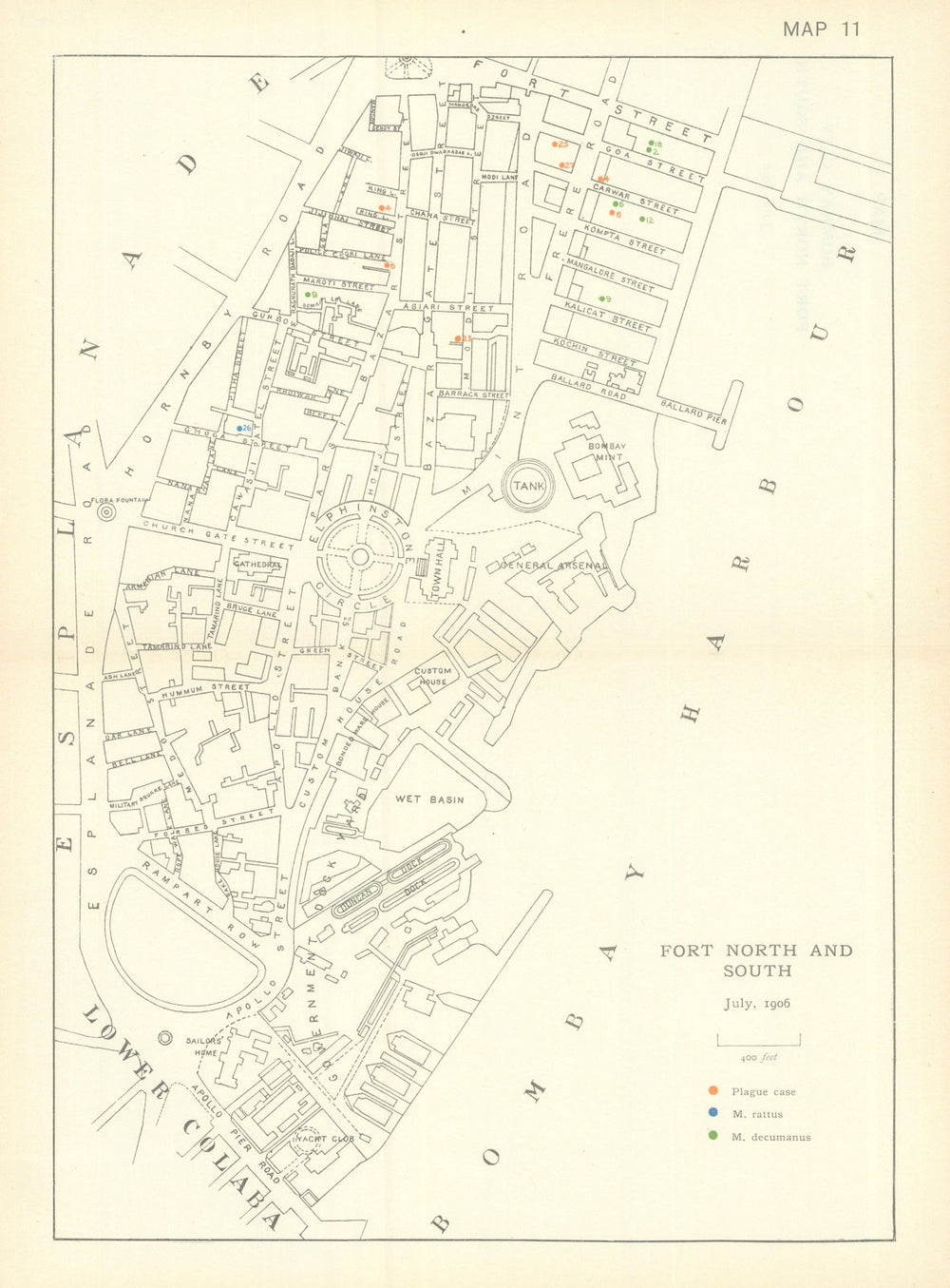 3rd Plague Pandemic—Mumbai—Fort North & South—Bombay—July 1906—dot map 1911