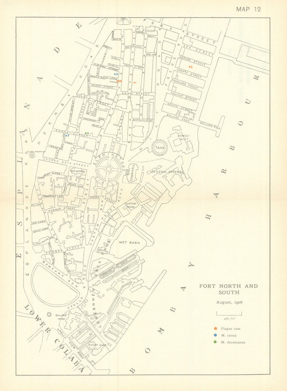 3rd Plague Pandemic—Mumbai—Fort North & South—Bombay—August 1906—dot map 1911