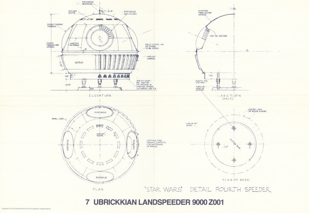 Ubrikkian 9000 Z001 landspeeder—Star Wars blueprint—20th Century Fox  1977 map
