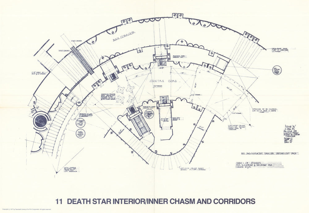 Death Star inner chasm/corridors—Star Wars blueprint—20th Century Fox  1977 map