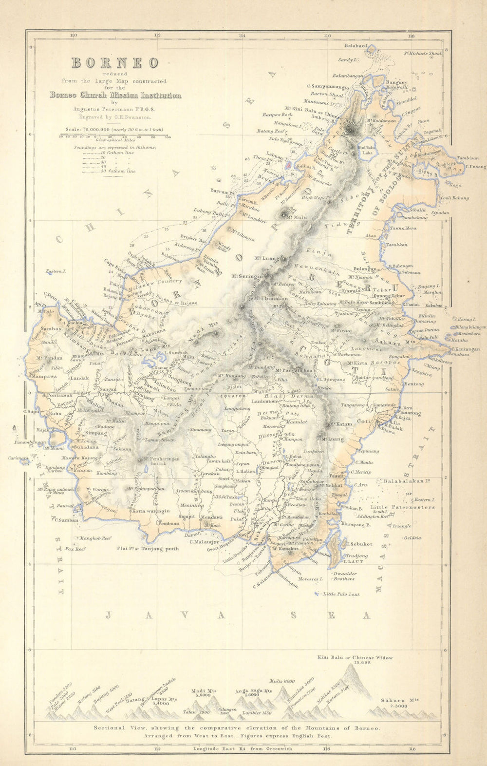 Borneo, Brunei, Sarawak & Kinabalu—mountains—Indonesia—Petermann 1856 old map