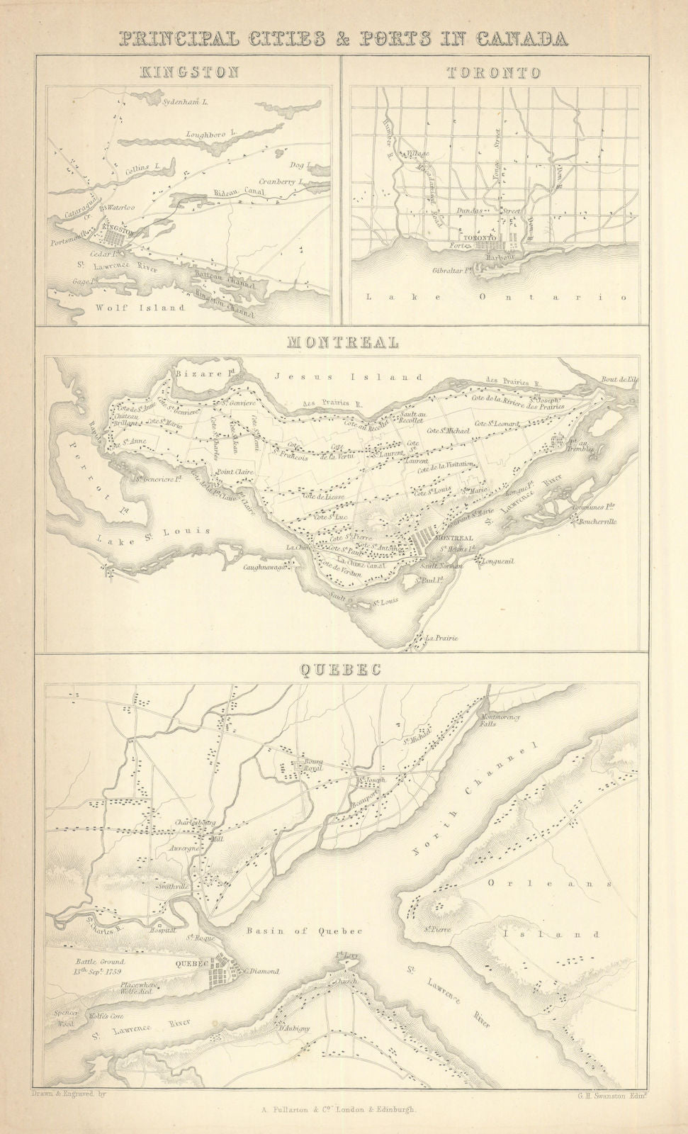 Canada city plans: Kingston, Toronto, Montreal & Quebec—Swanston 1856 old map