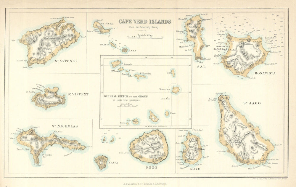 The Cape Verde Islands from the Admiralty Survey—Bartholomew 1856 old map