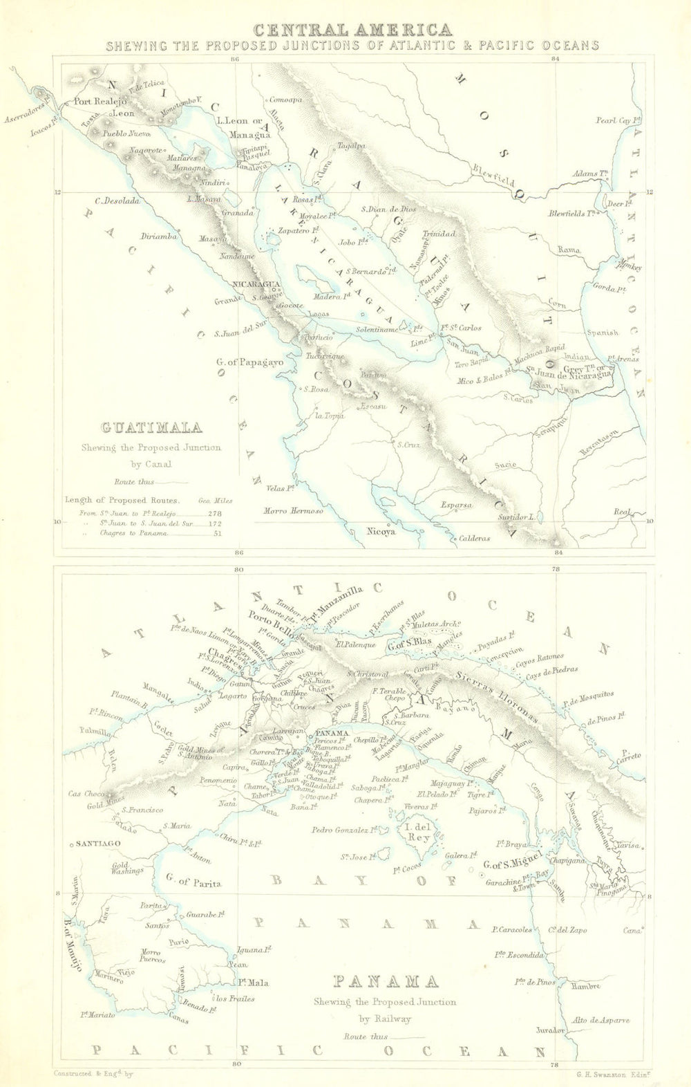 Panama & Nicaragua showing proposed canal & railway routes—Swanston 1856 map