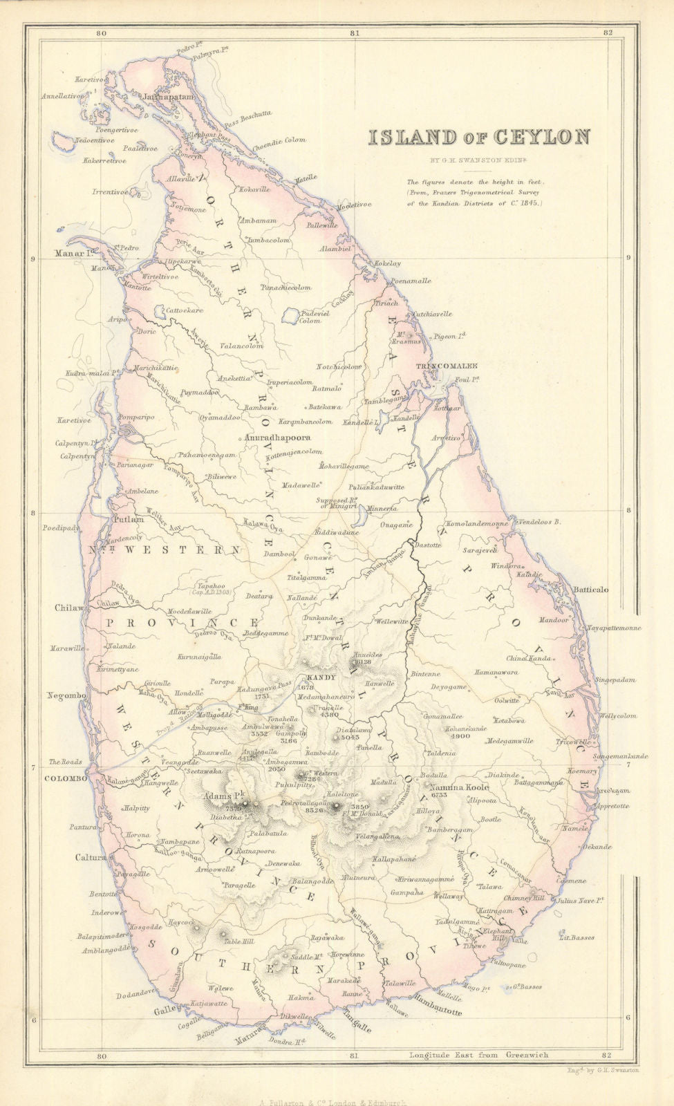 Island of Ceylon / Sri Lanka from Frazer’s survey—Swanston 1856 old map