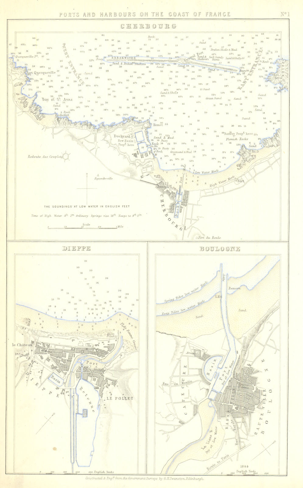 Northern France ports—Cherbourg, Dieppe & Boulogne—Swanston 1856 old map