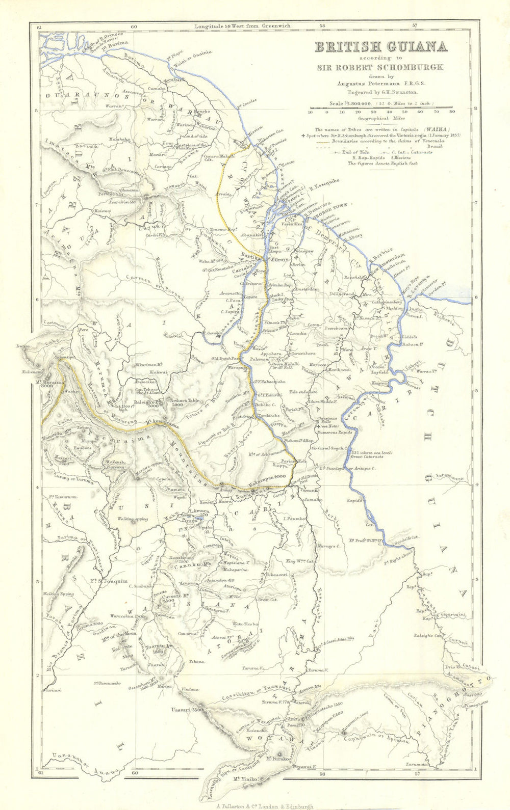 British Guiana/Guyana per Schomburgk—Venezuela/Brazil claims—Petermann 1856 map