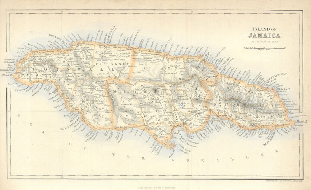 Jamaica antique map—railways—Fullarton/Swanston 1856 old chart