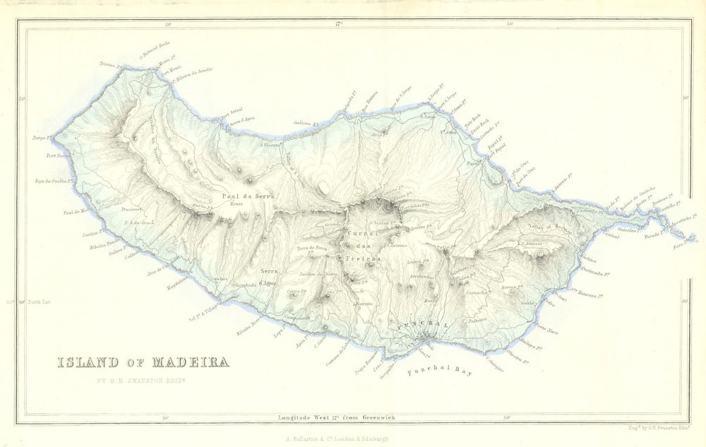Island of Madeira antique map—Portugal—Fullarton/Swanston 1856 old