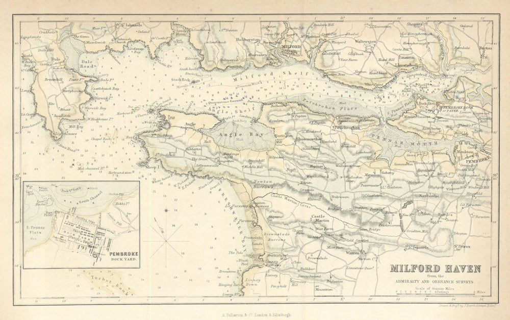 Milford Haven & Pembroke Dock yard antique harbour map—Fullarton 1856 old