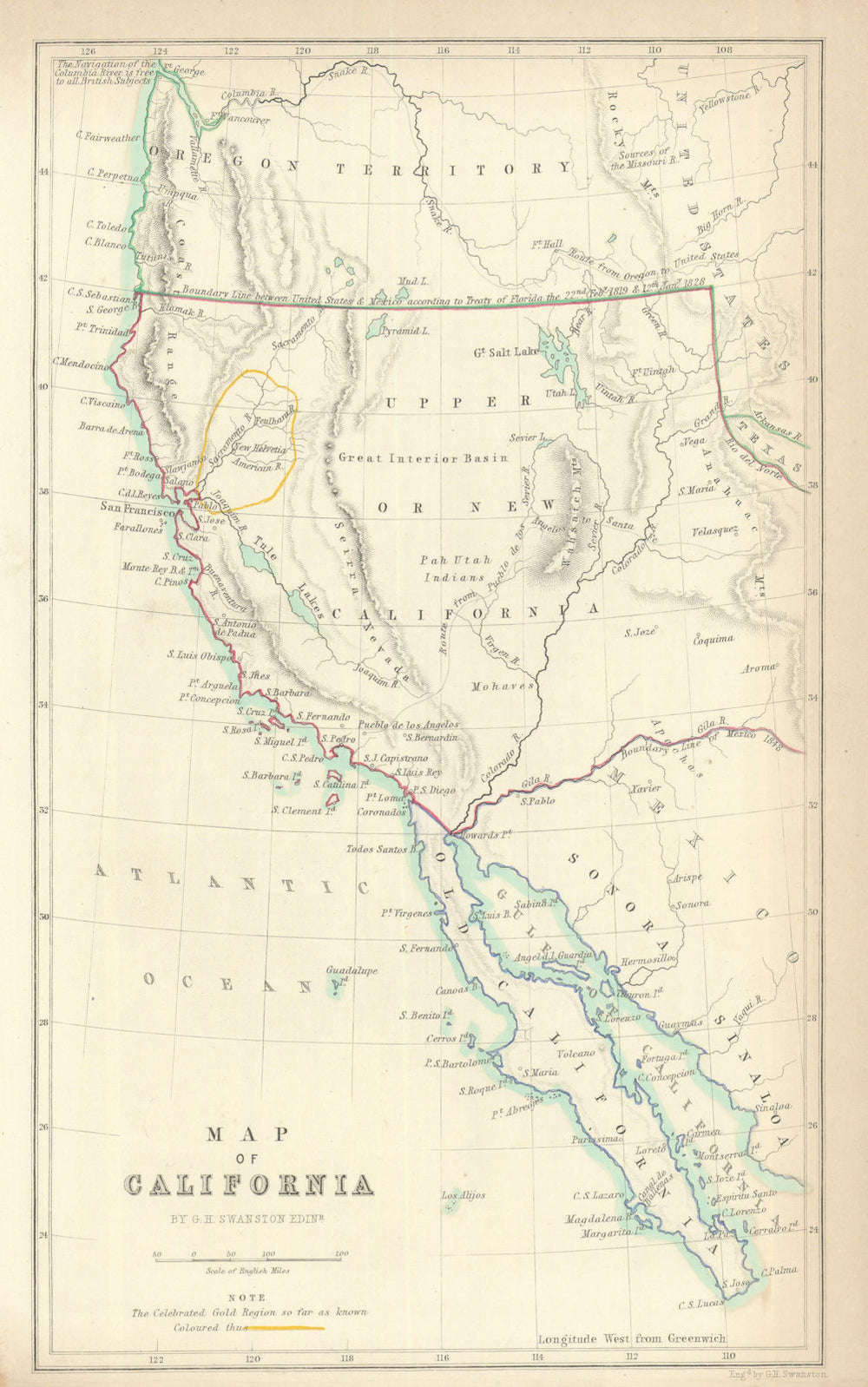 Upper or New California—Gold Region—US/Mexico border—Swanston/Fullarton 1856 map