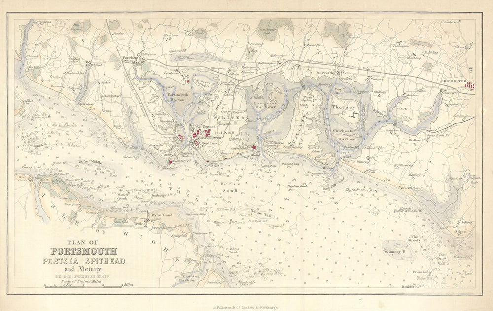 Plan of Portsmouth—Portsea—Spithead—Isle of Wight—Hayling Island 1856 old map