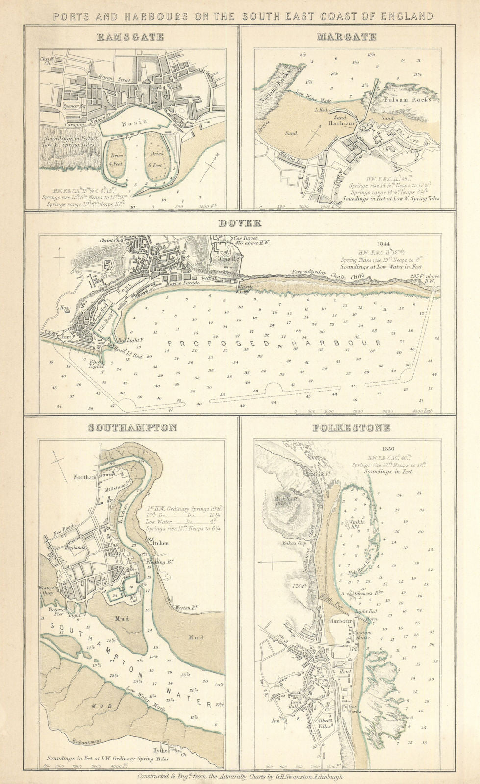 England SE coast ports—Ramsgate—Margate—Dover—Southampton—Folkestone 1856 map