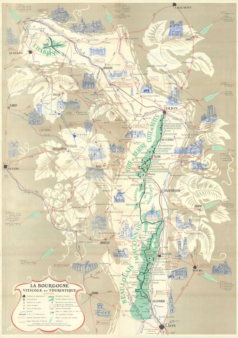 Burgundy wine—La Bourgogne viticole et touristique—P. René Waltz 1956 old map