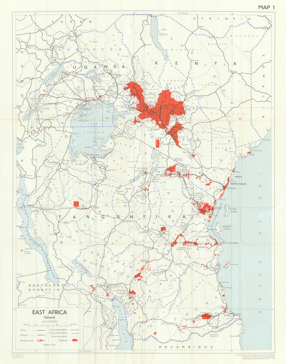 East Africa—colonial land, transport & administration—Royal Commission 1954 map