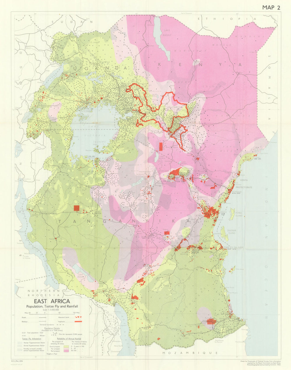 East Africa—population—tsetse fly—rainfall reliability—Royal Commission 1954 map