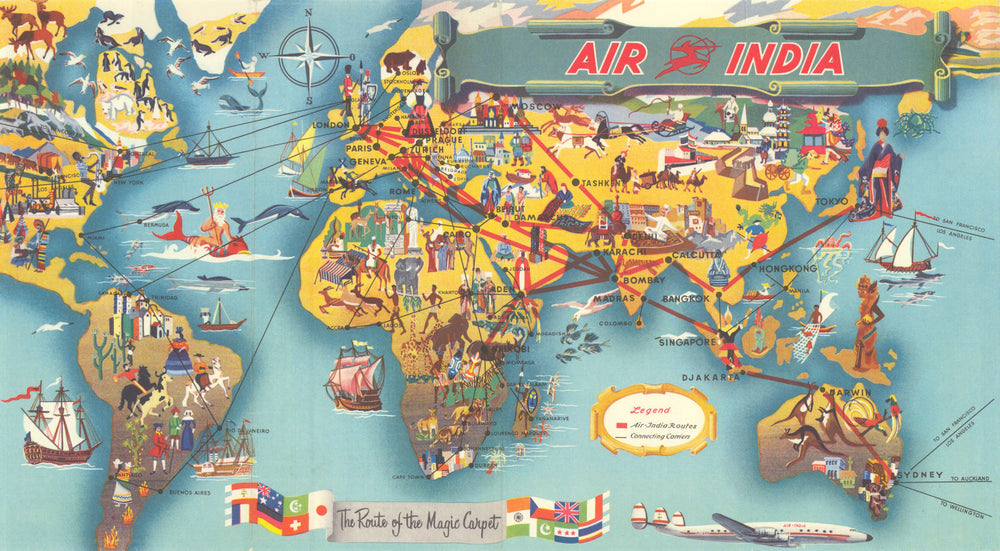 Air India—The Route of the Magic Carpet—pictorial airline  world route map 1959