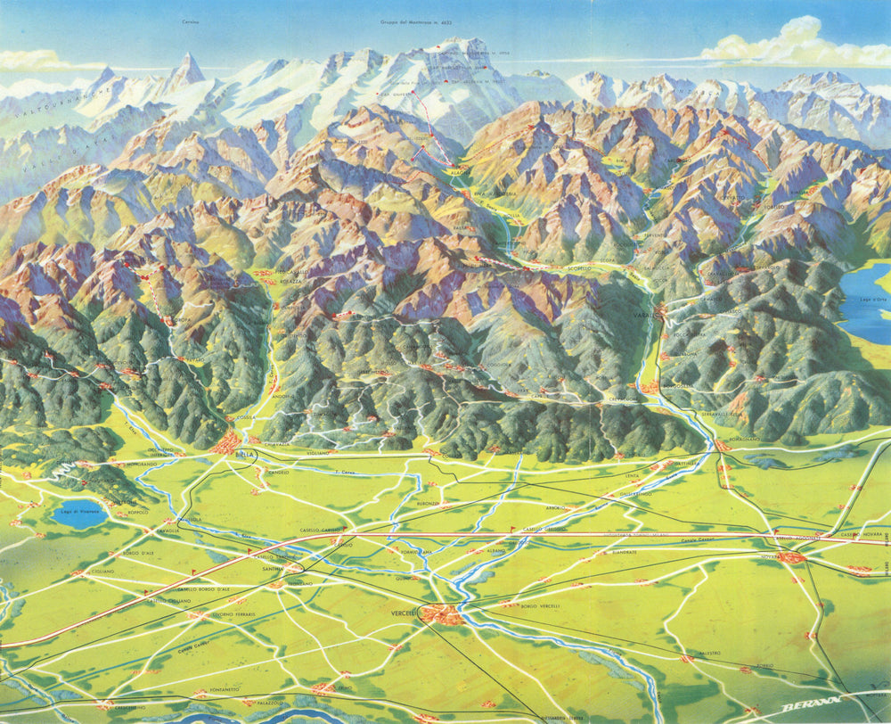 Provincia di Vercelli panoramic map—Monte Rosa, Valsesia & Biella—Berann 1966