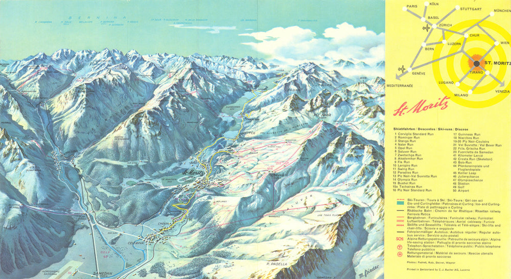 St Moritz—panoramic ski piste/trail bird's eye view map—Bieder & Gusset c1960