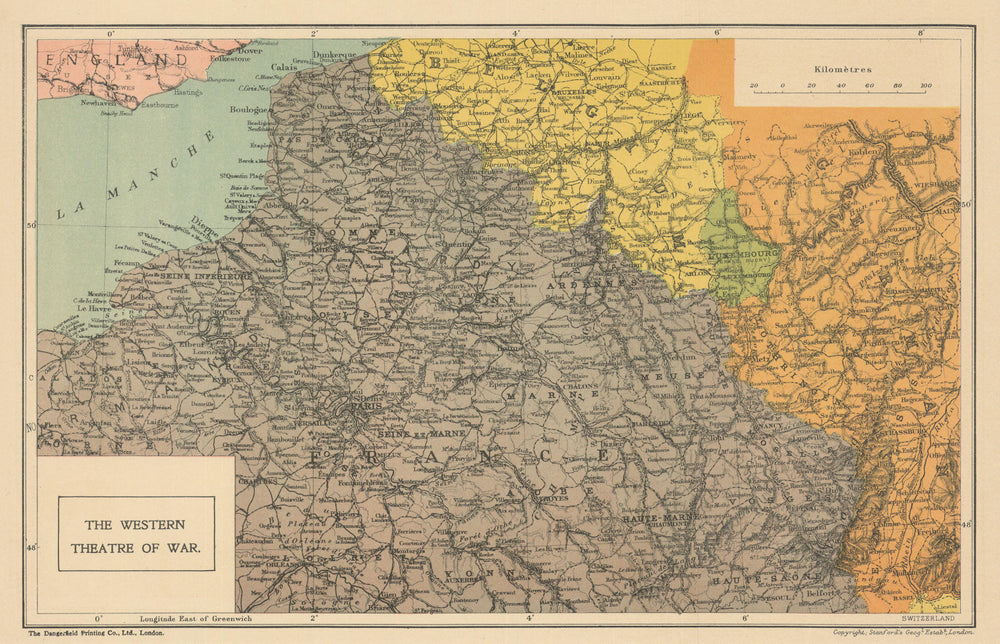 First World War—Western Front theatre—France—Belgium—Germany—Stanford 1917 map