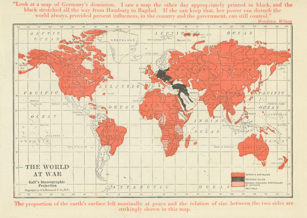 The World at War—Entente in red, 'Teutonic Allies' in black—Hammond 1918 map