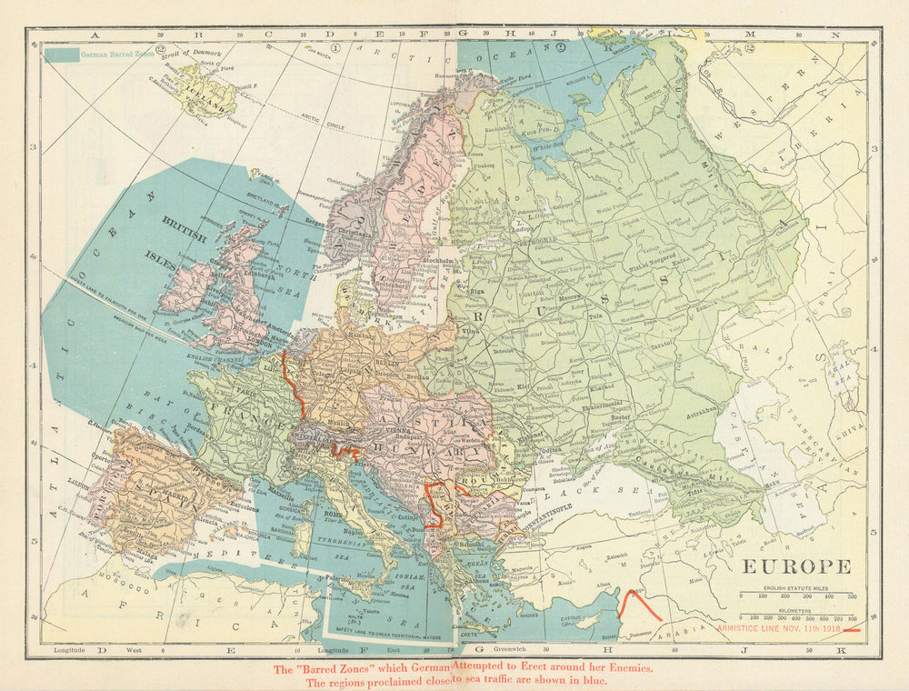 Germany's U-boat Barred Zones—one-ship-a-week lane to Falmouth—Hammond 1918 map