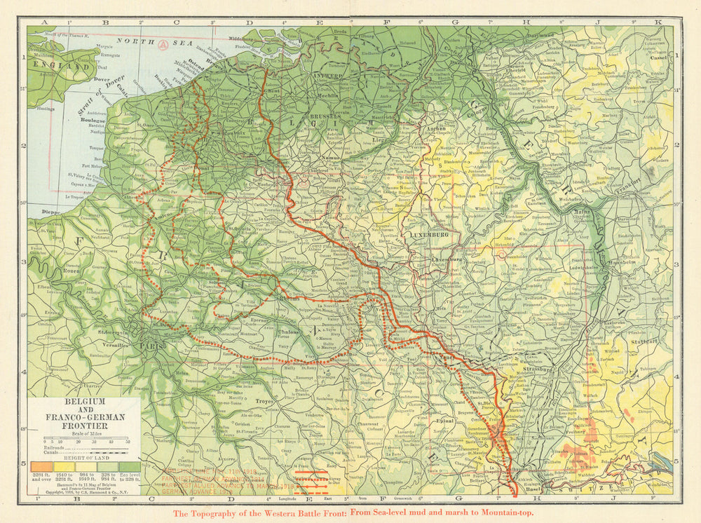 Belgium & Franco-German Frontier—Western Front lines 1914–18—Hammond 1918 map